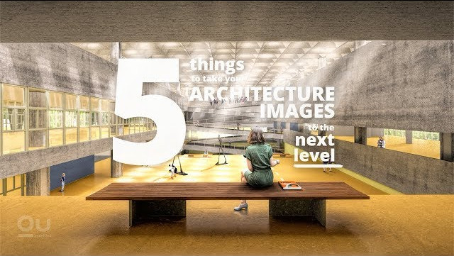 Ícone do vídeo. Descrição da imagem: texto em inglês "5 coisas para levar suas imagens de arquitetura para o próximo nível".